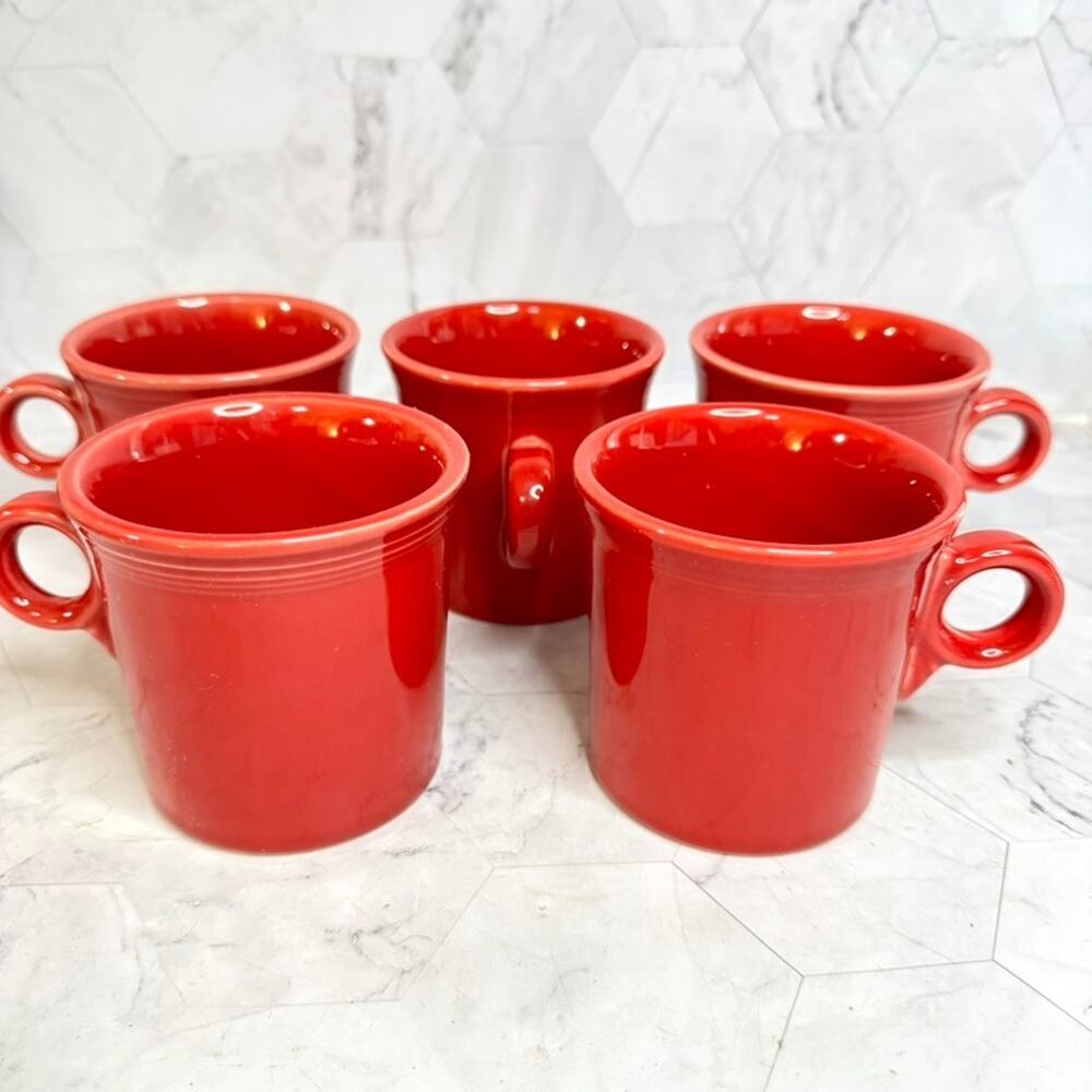 Set of 5 Fiesta Scarlet Red Ceramic Coffee Mugs HLC Ring Handle USA Tea Cups